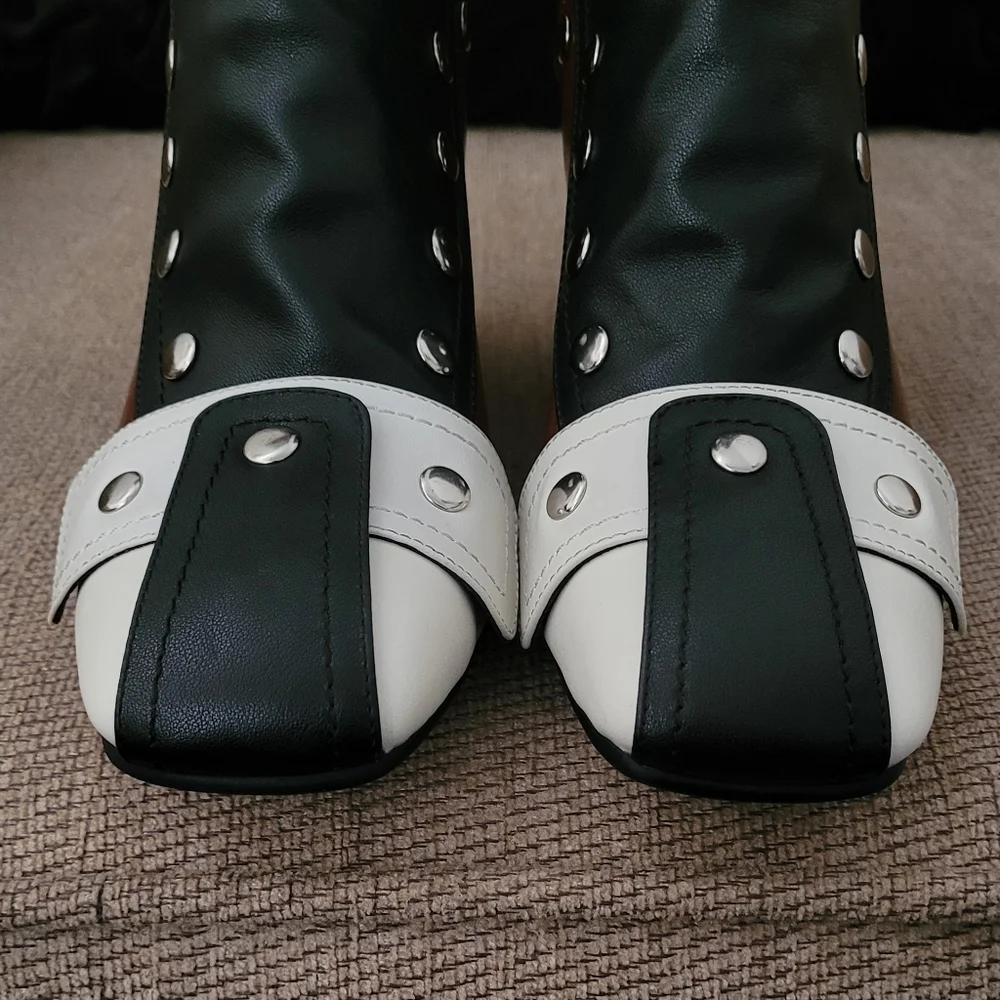 JOCHEBED HU GENUINE LEATHER RETRO STUDDED COLORBLOCK BOOTIES